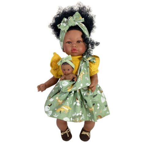 Papusa Nines DOnil, Maria Afro, cu sunete, cu bebelus, cu rochie verde, cu miros de vanilie, 45 cm - imagine 5